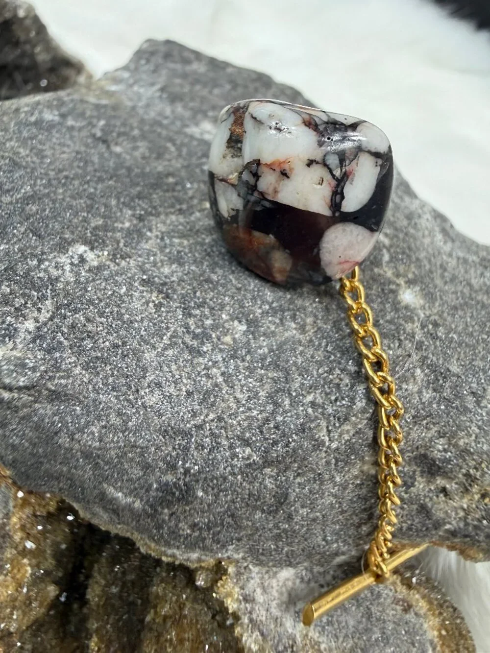 Vintage Polished Stone Men's Tie Tack w/ Chain  Gold Tone .5